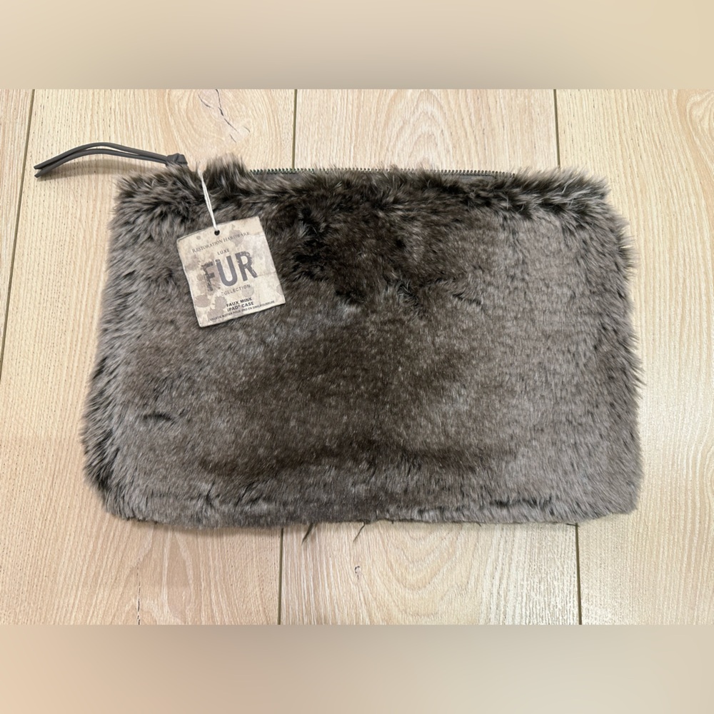 Restoration Hardware Faux Fur Clutch iPad Case Brown Zip Pouch NEW